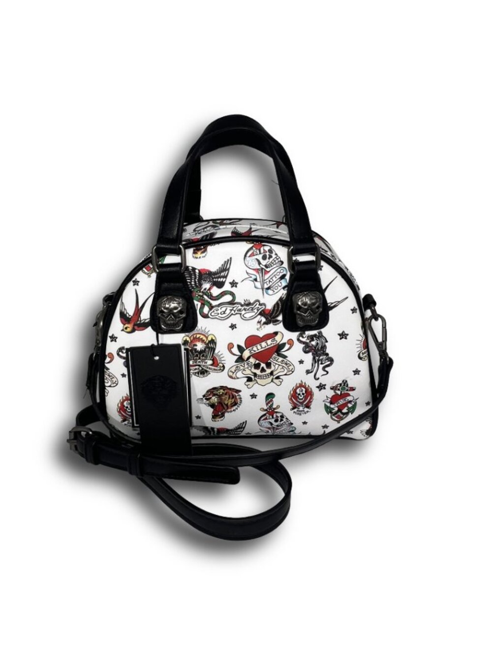 Ed Hardy Love Kills Slowly Bowler Bag White Black Tattoo Print Satchel NWT